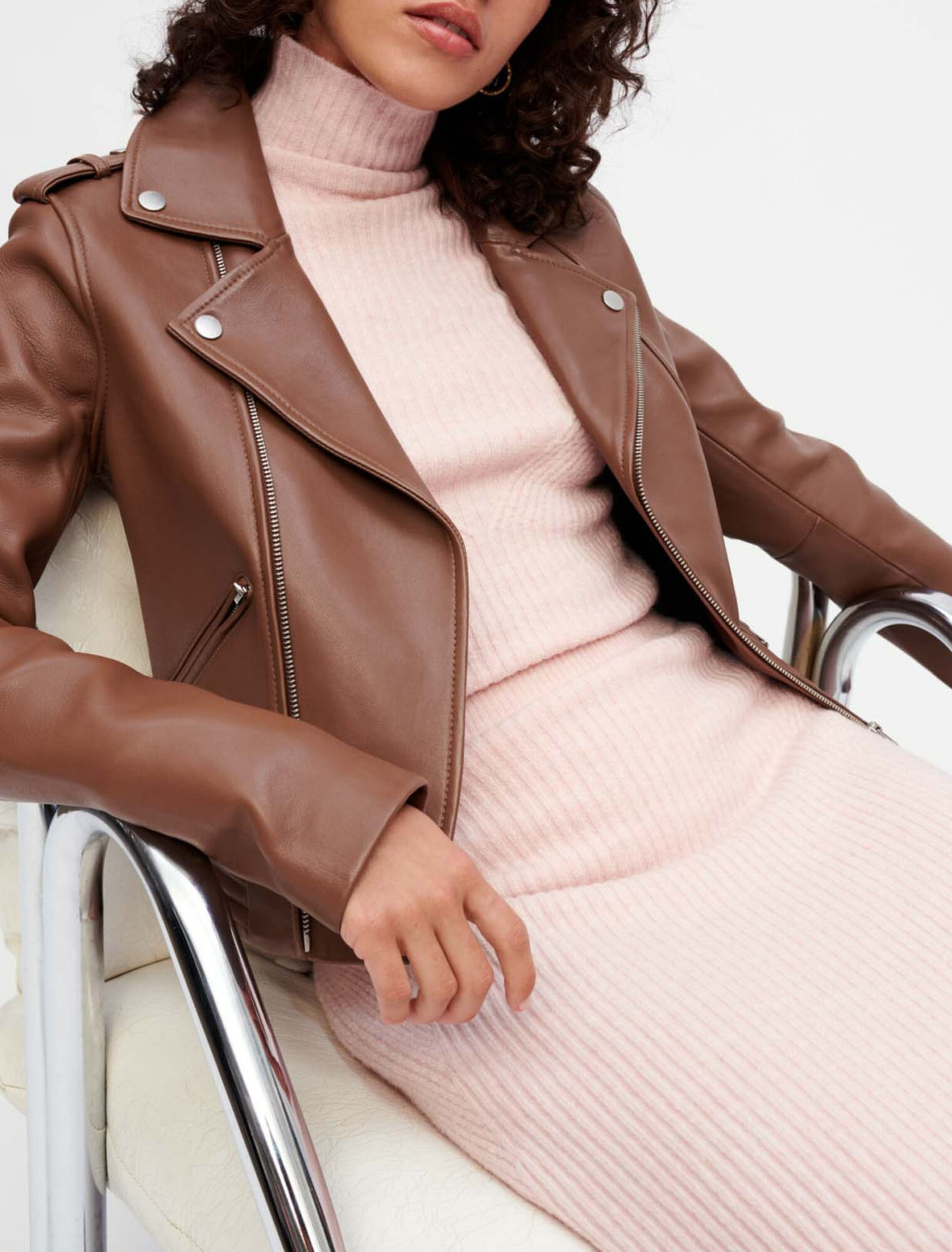 Giacca stile biker in pelle cammello