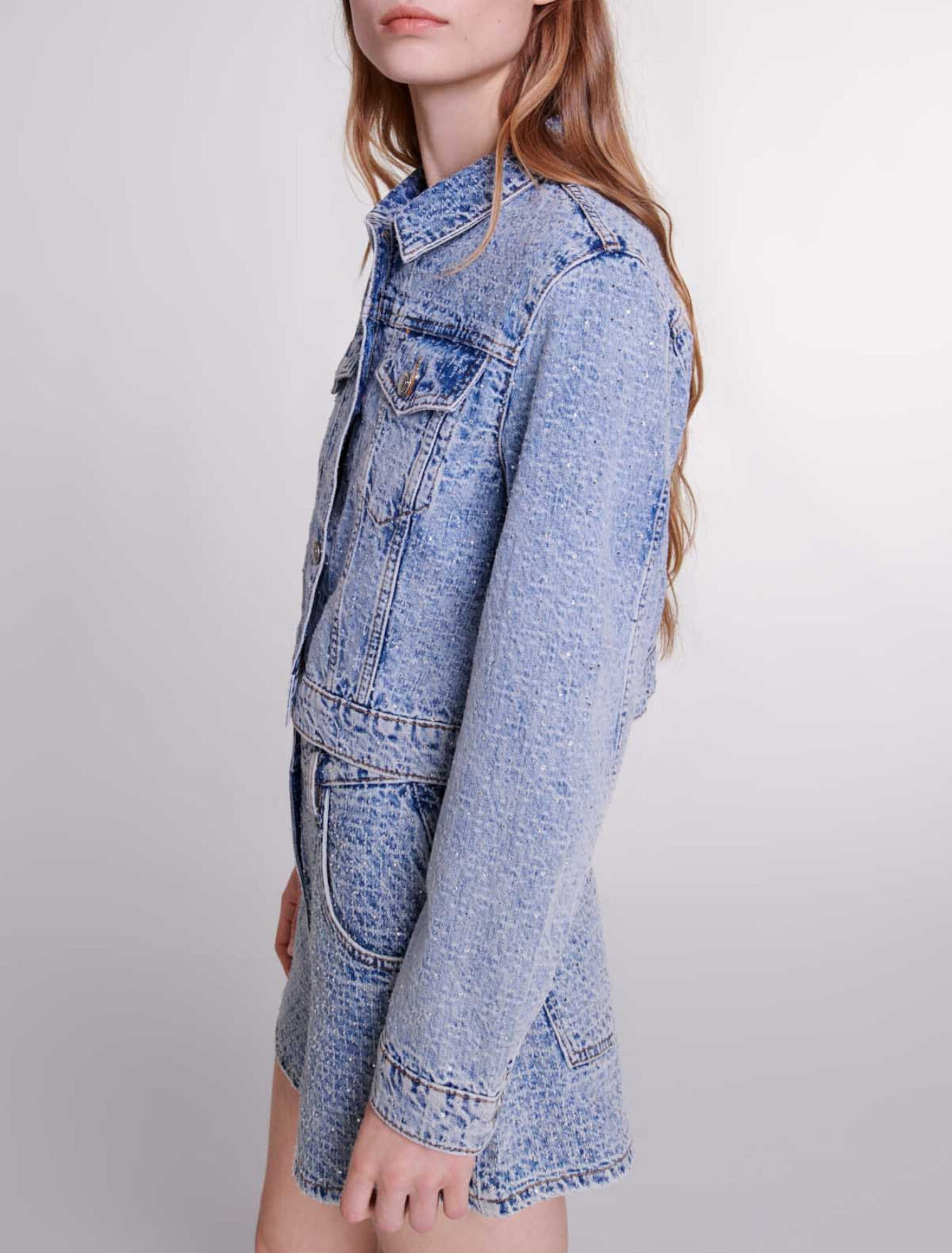 Short in jeans jacquard e strass