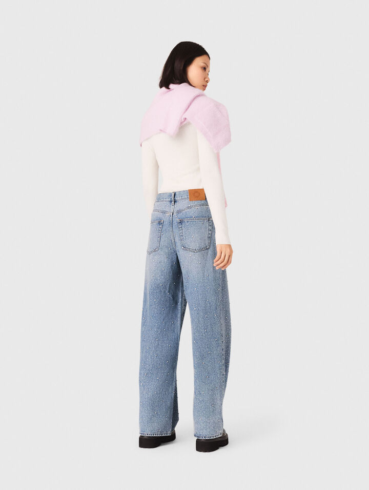 Jeans larghi con strass all-over