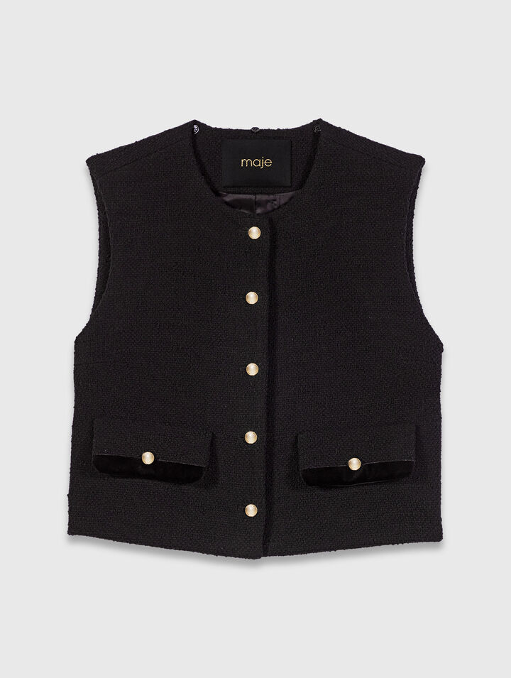 Top in tweed con profili in velluto