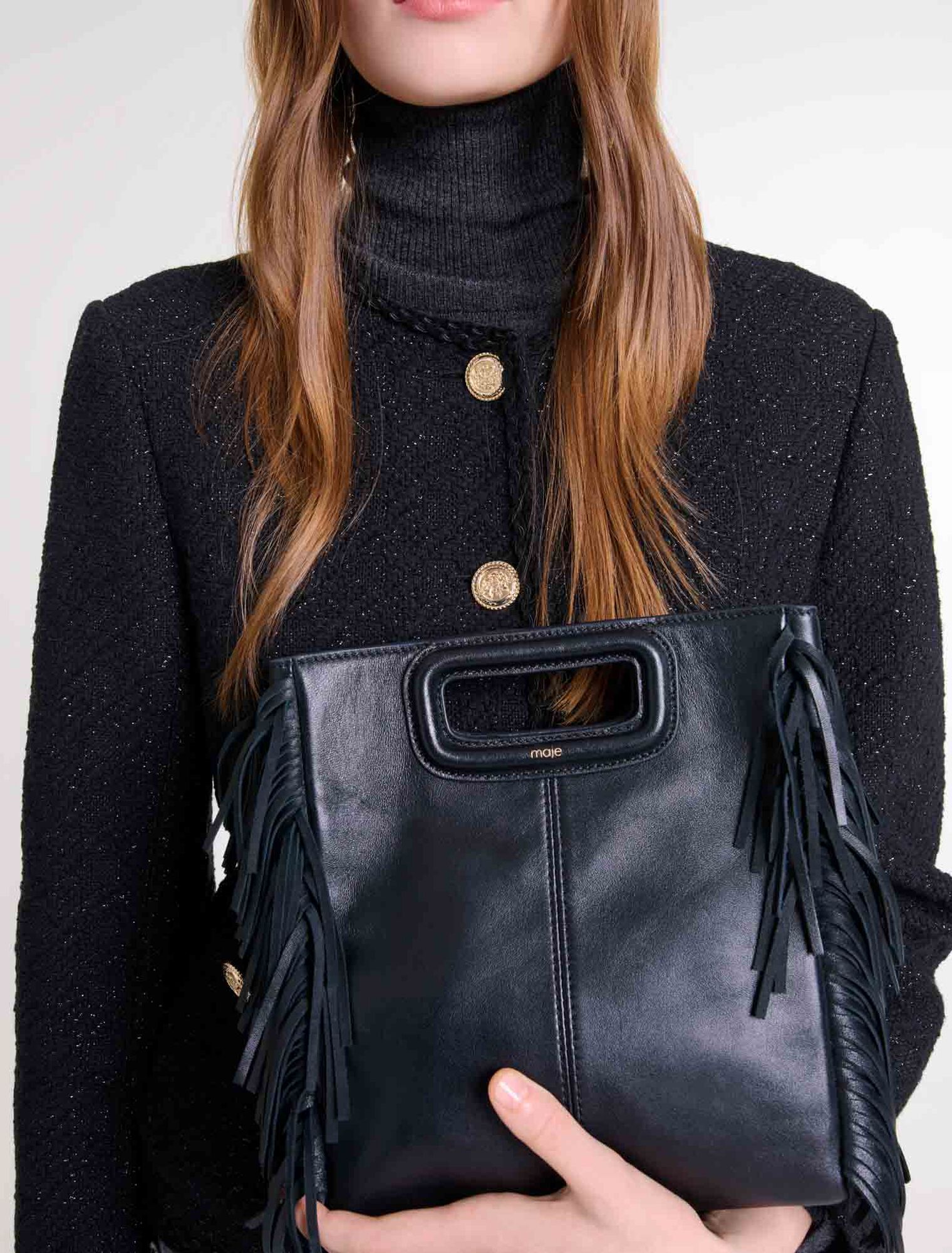 Borsa M con frange in pelle liscia