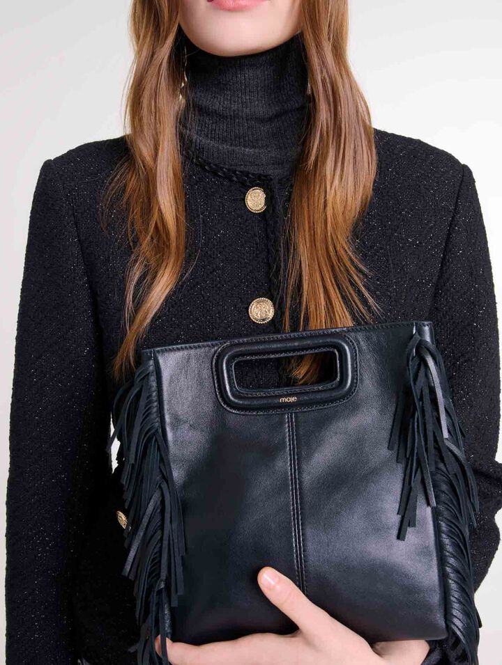 Borsa M con frange in pelle liscia