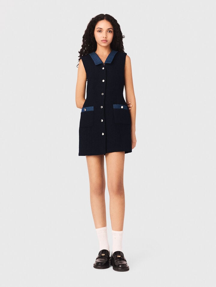 Abito in tweed e dettagli in denim