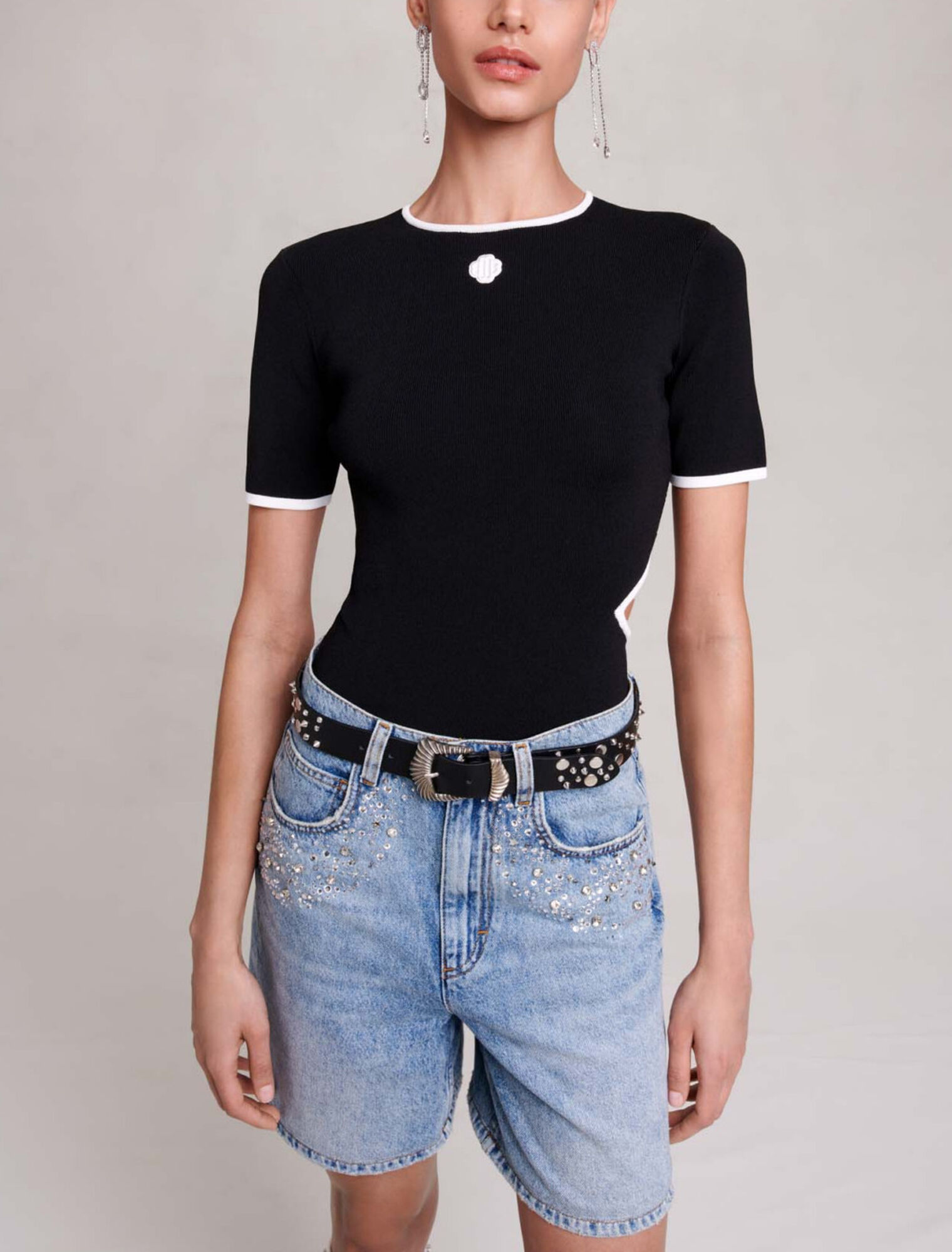 Shorts svasati in denim con strass