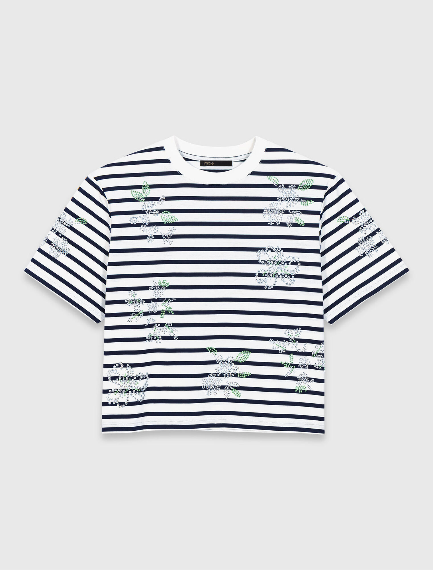 T-shirt a righe e fiori con strass