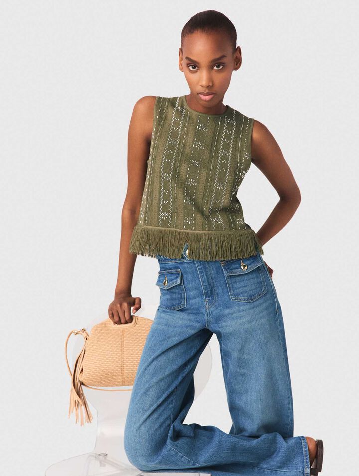 Top con fiori di strass e frange