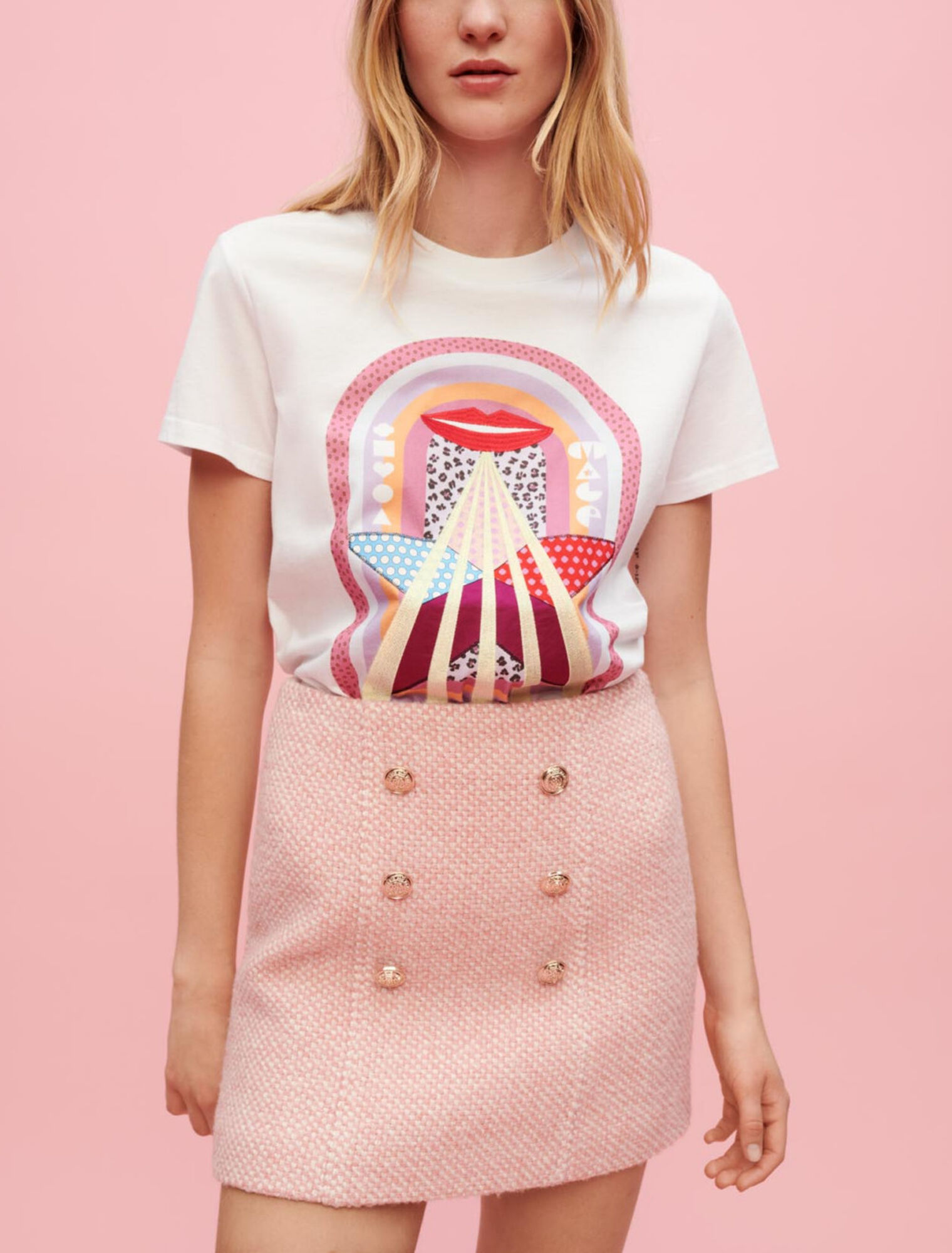 Gonna in tweed screziato rosa ed ecrù