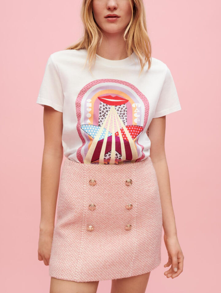 Gonna in tweed screziato rosa ed ecrù