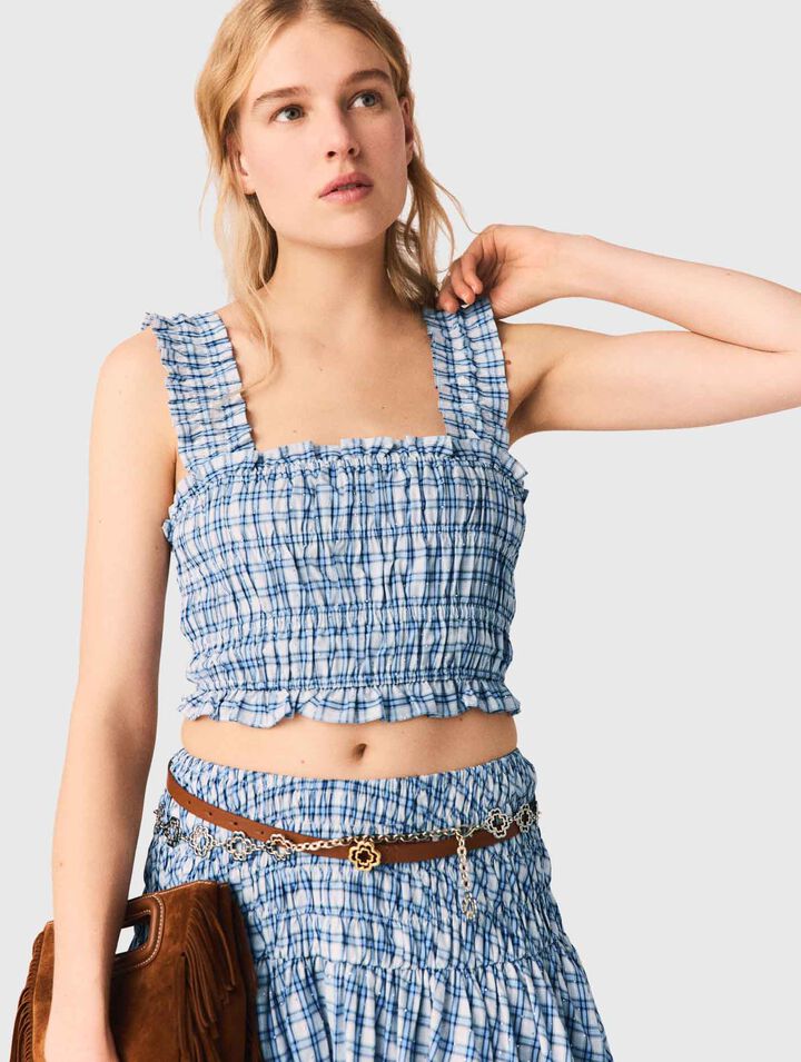 Top punto smock in cotone strassato