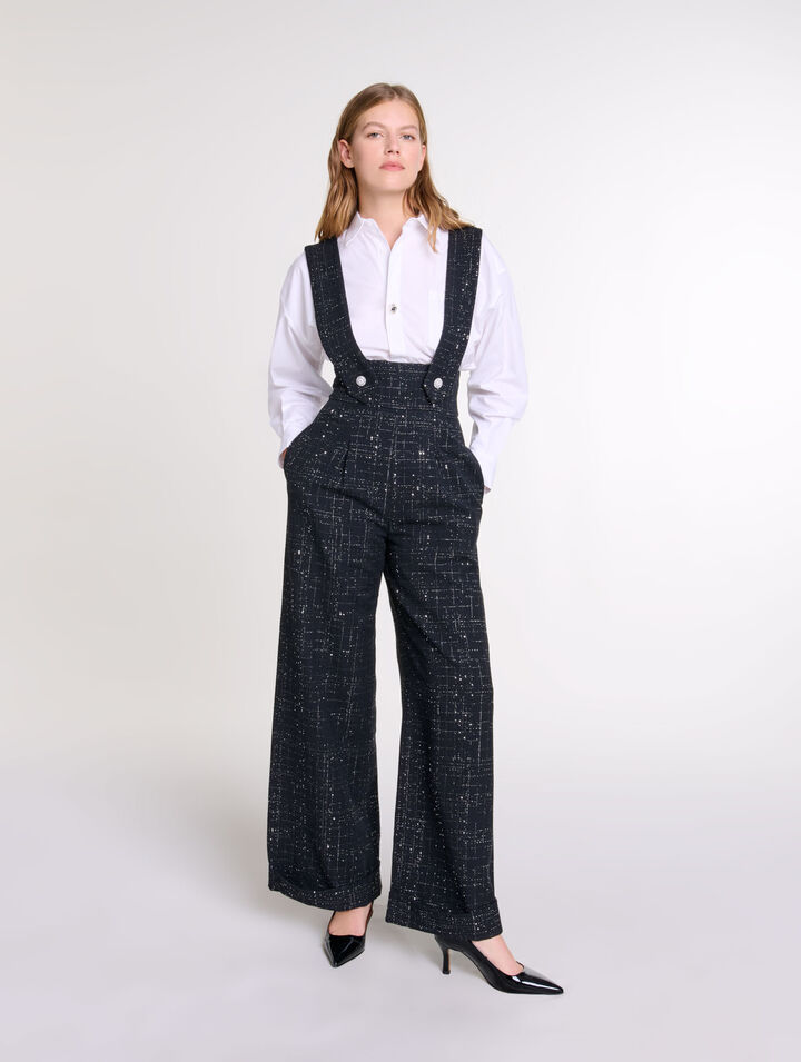 Pantaloni larghi bretelle in tweed