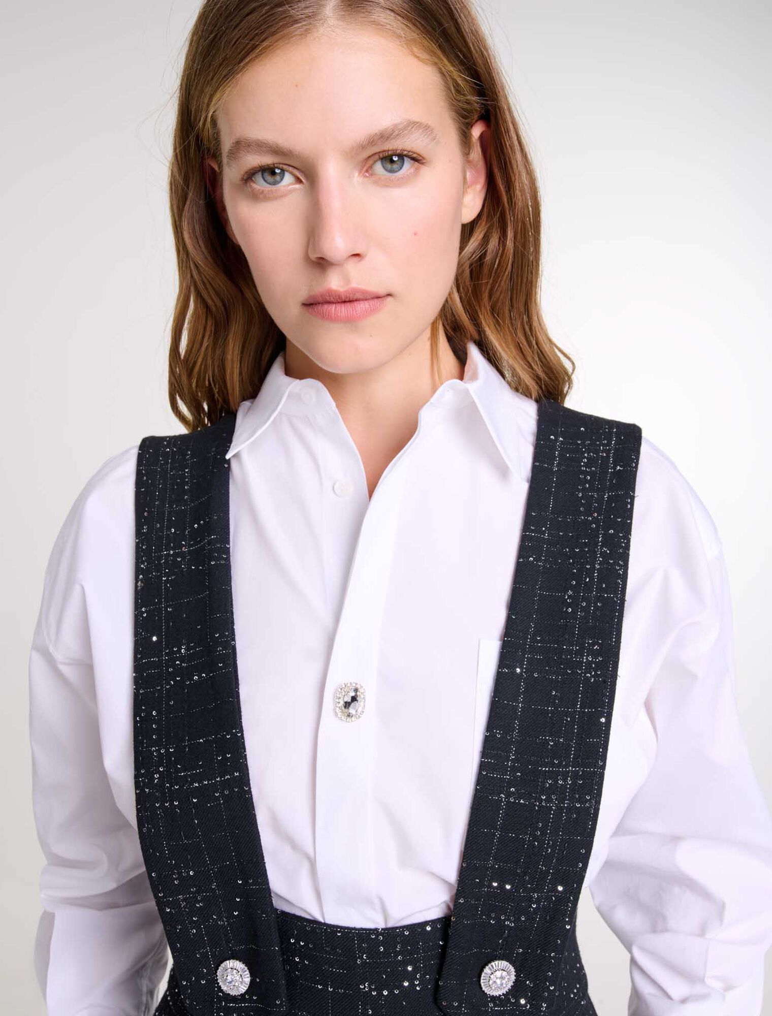 Pantaloni larghi bretelle in tweed