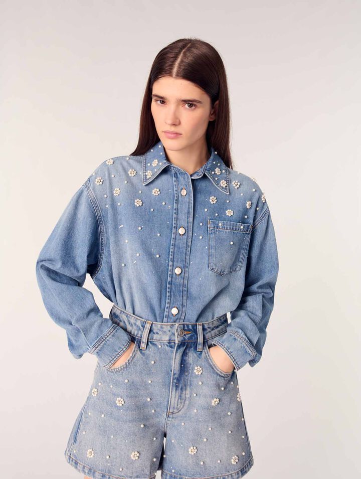 Shorts in denim con perle ricamate