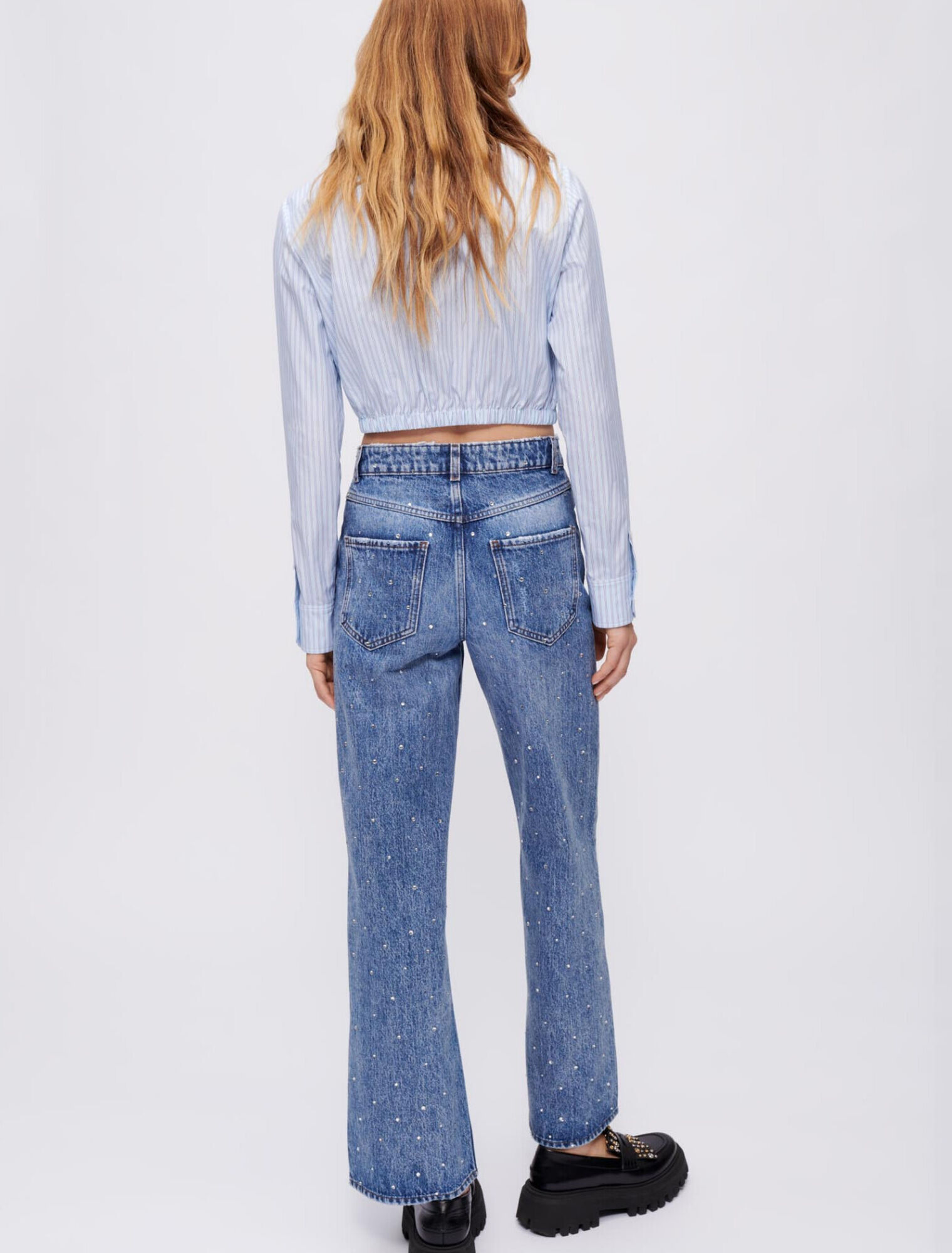 Jeans a vita alta interamente in strass
