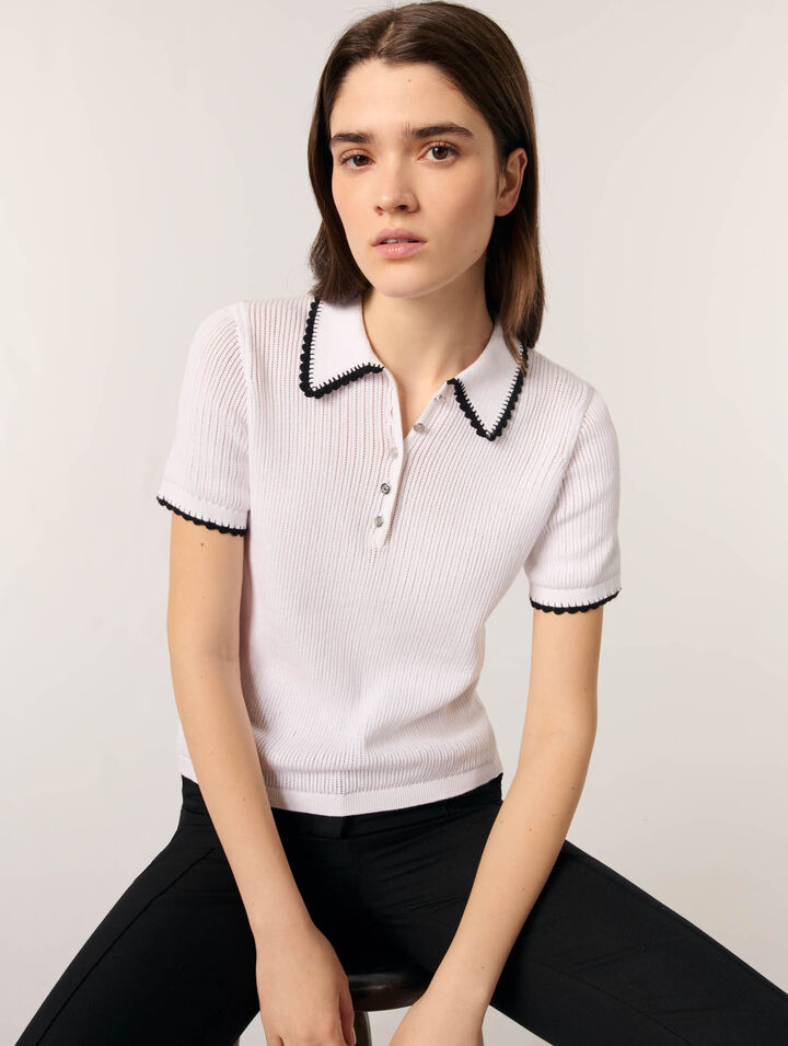 Polo in maglia pointelle e crochet