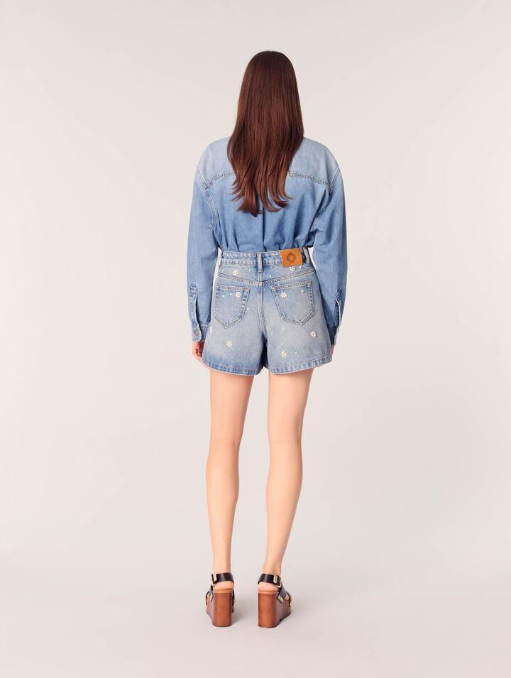 Shorts in denim con perle ricamate