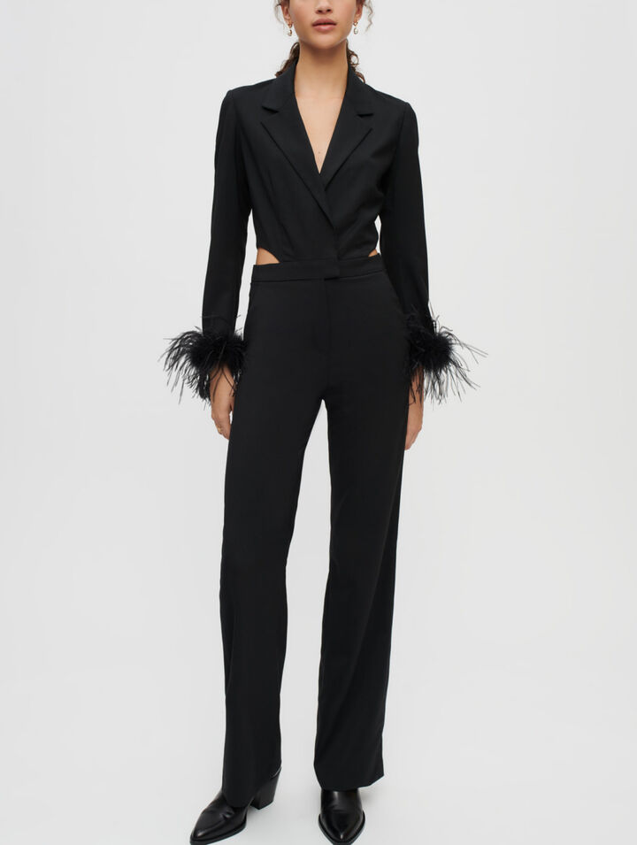 Tuta pantalone in piume nere