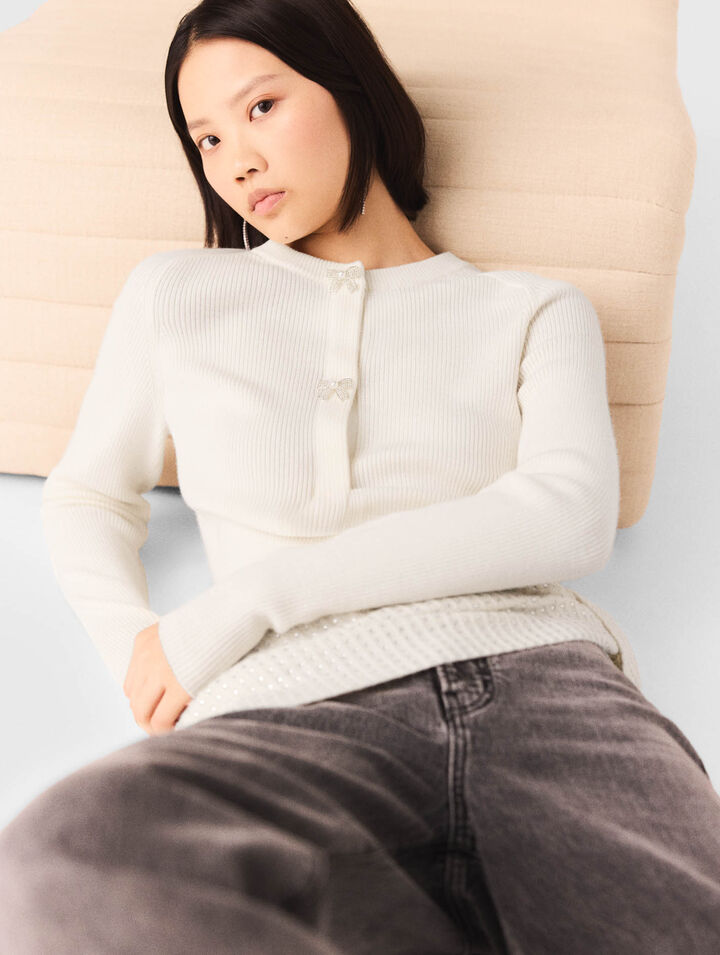 Cardigan bottoni-gioiello a fiocco