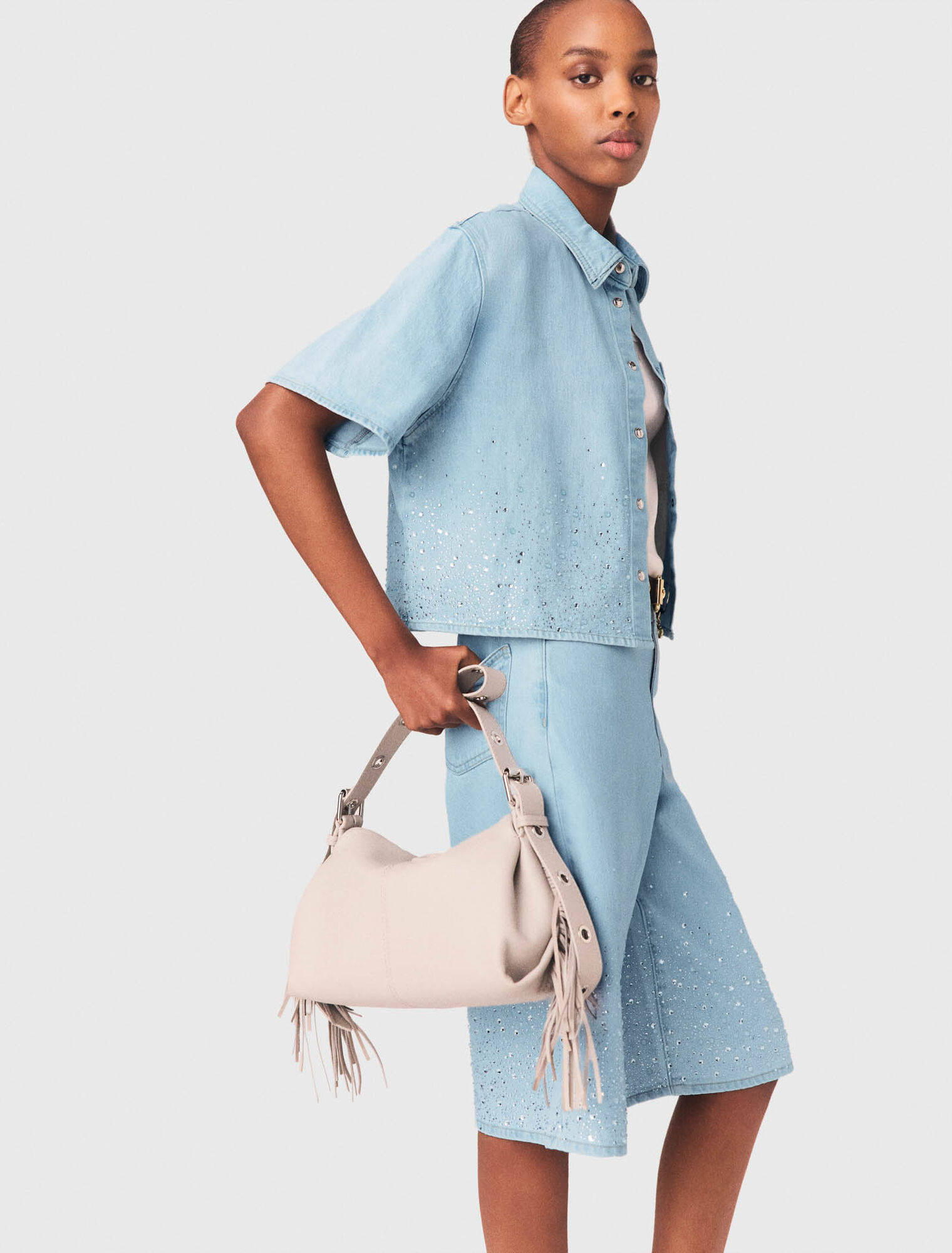 Camicia corta in denim con strass