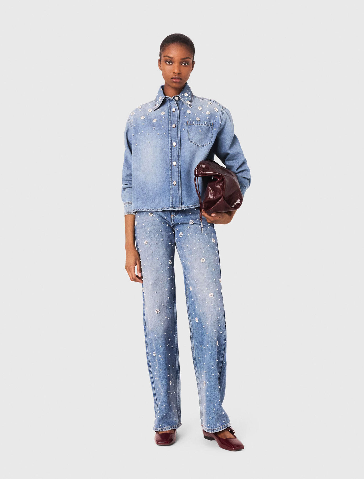 Camicia in denim con perle ricamate