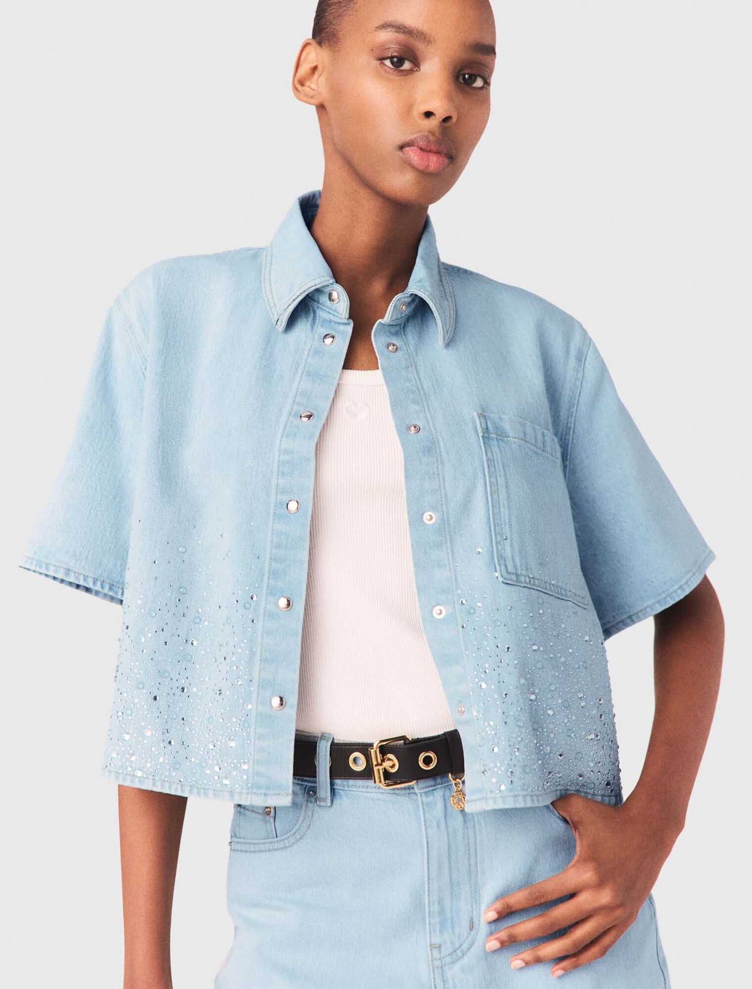 Camicia corta in denim con strass