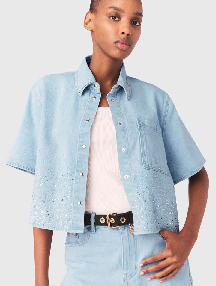 Camicia corta in denim con strass