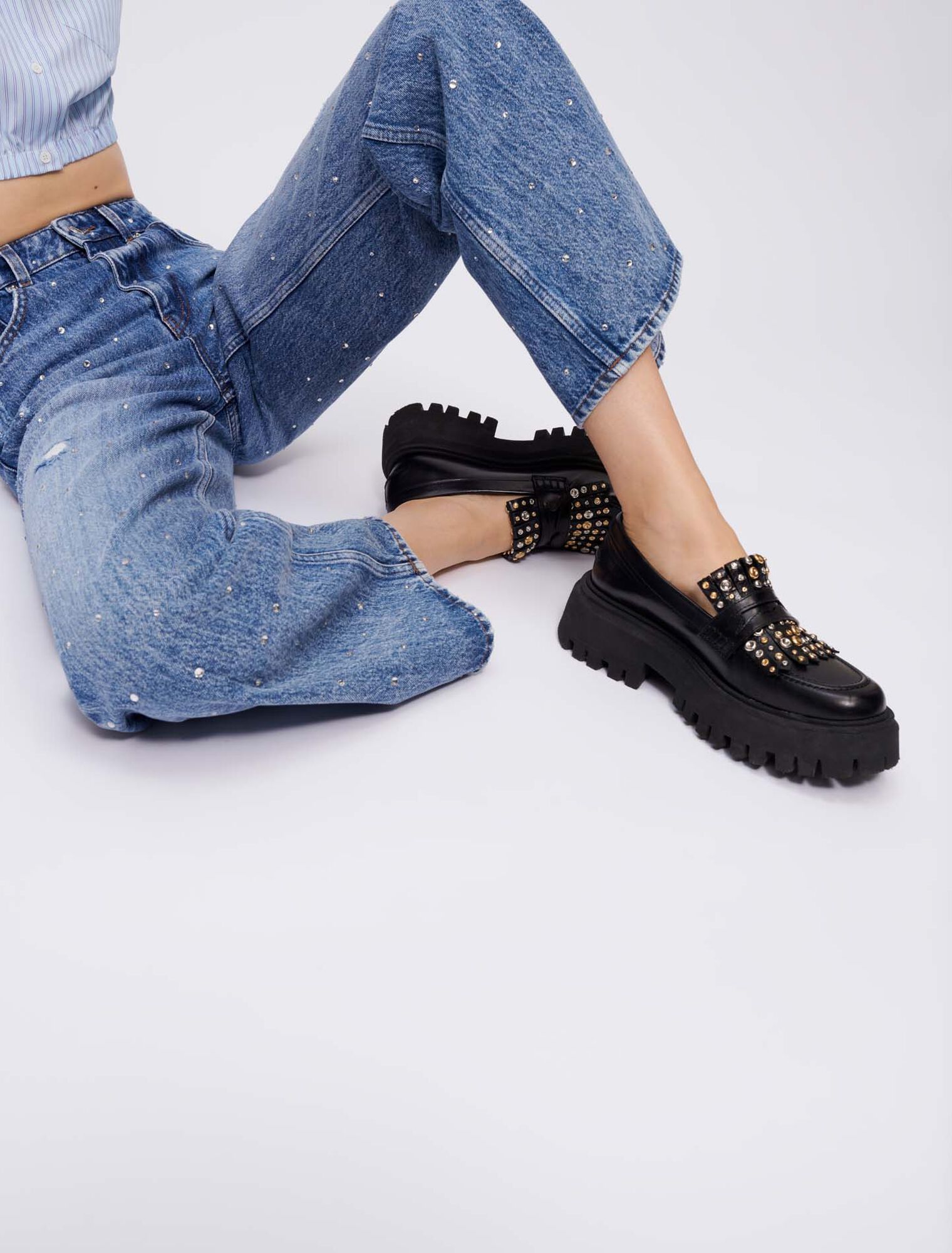 Jeans a vita alta interamente in strass