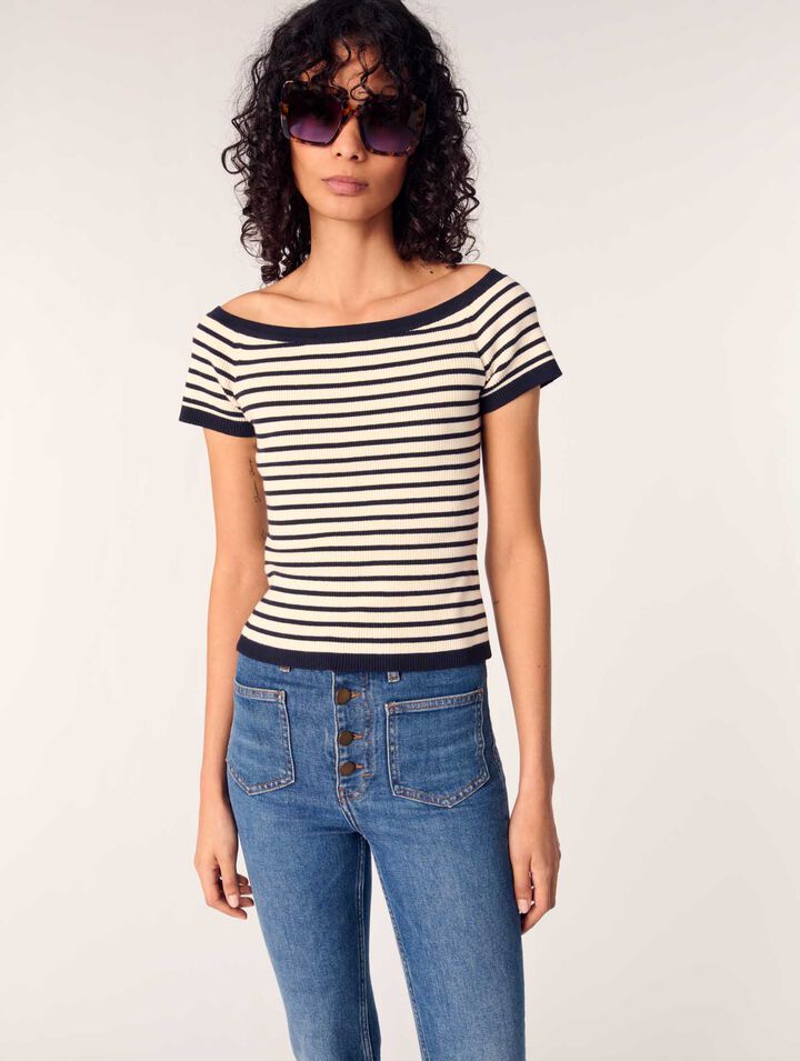 Top maglia a coste scollo barchetta