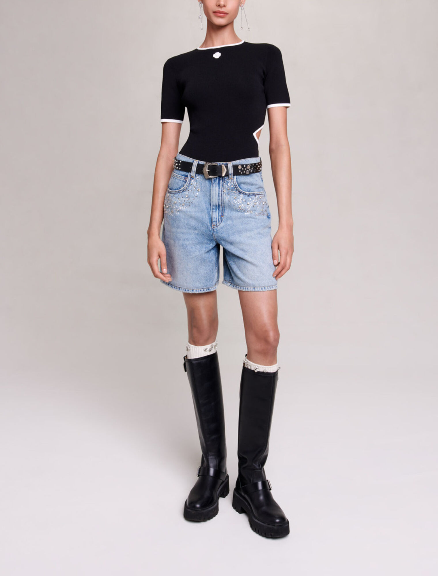 Shorts svasati in denim con strass