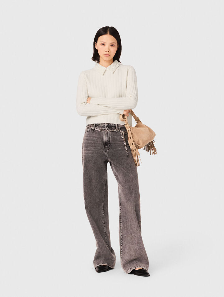 Pullover a coste con collo perle