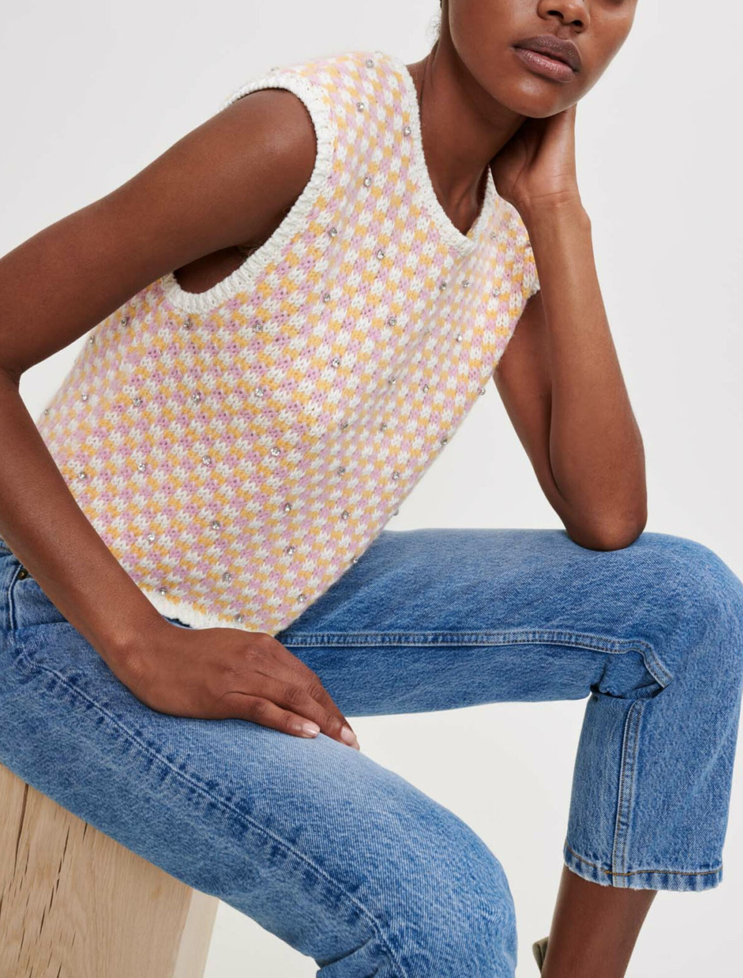 Pullover in maglia fantasia e strass