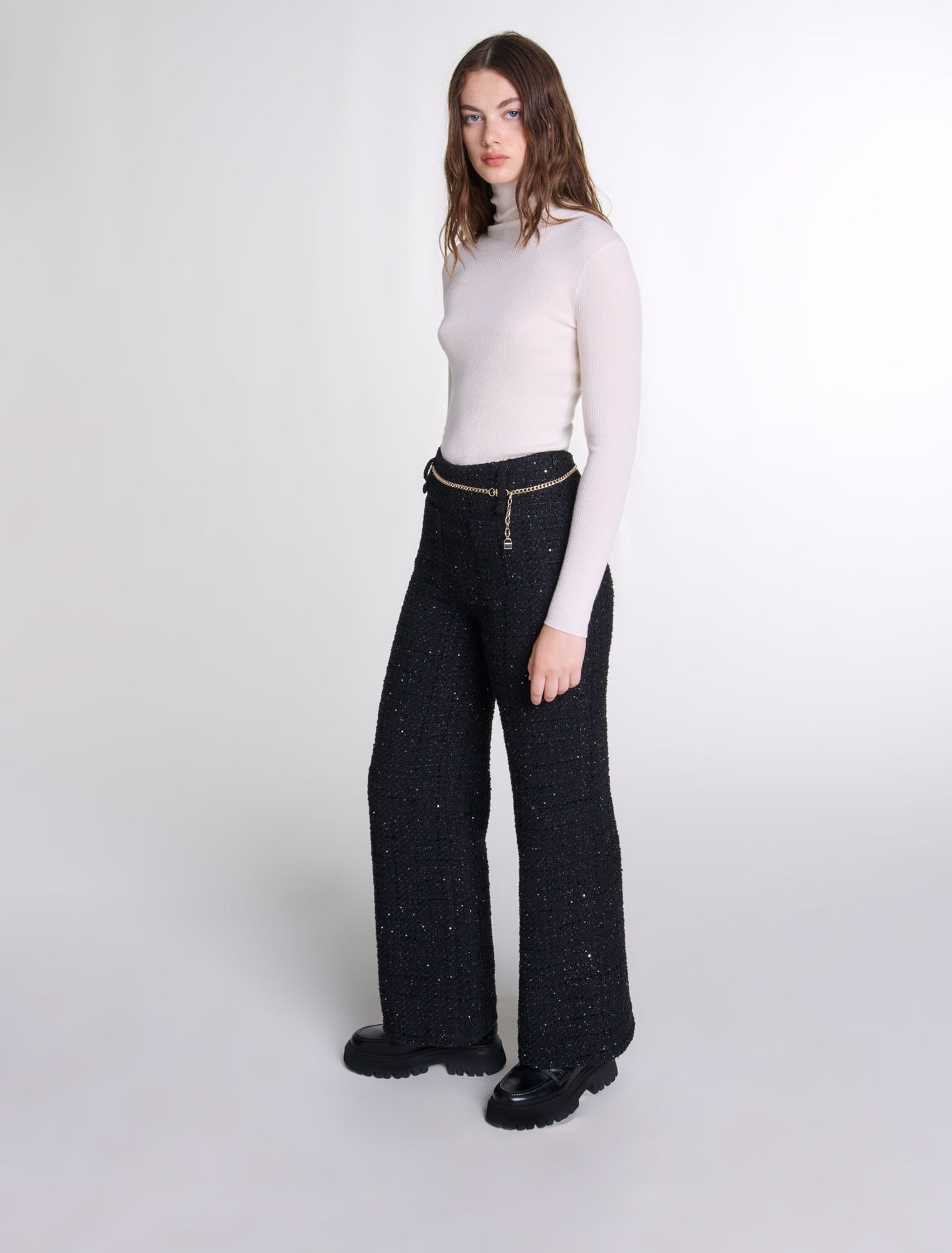 Pantaloni in tweed e paillettes