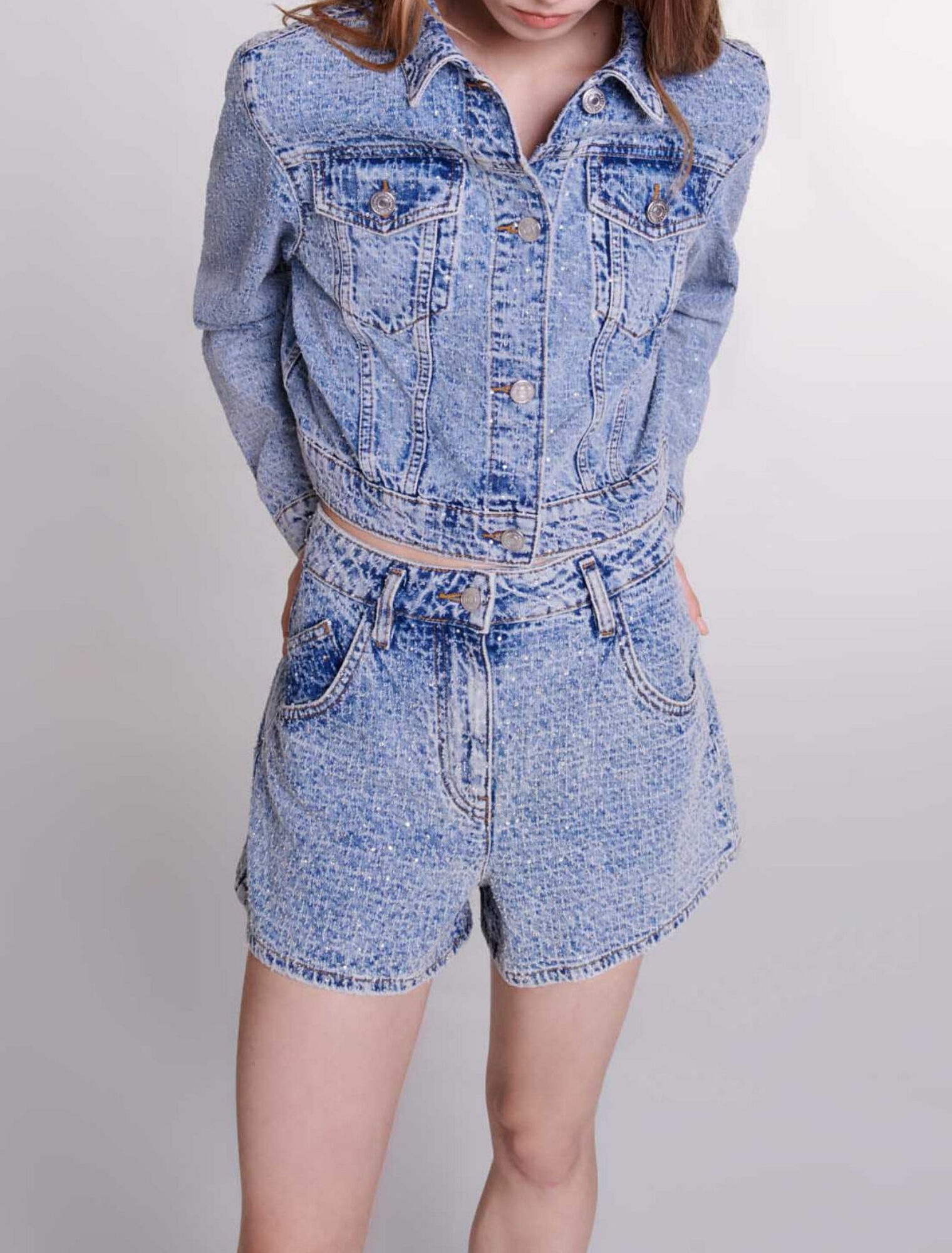 Short in jeans jacquard e strass