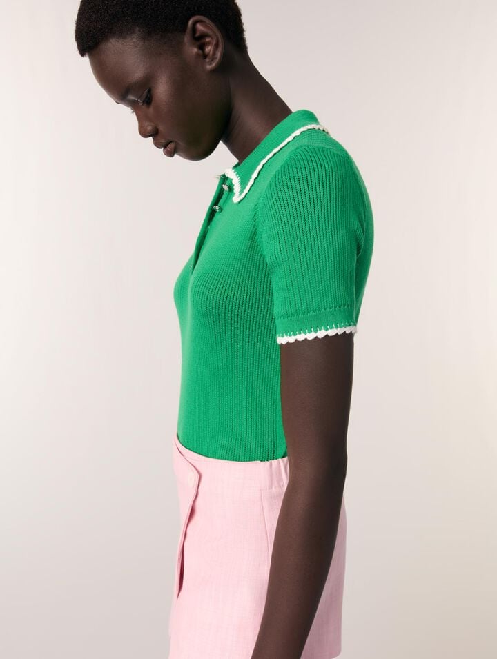 Polo in maglia pointelle e crochet