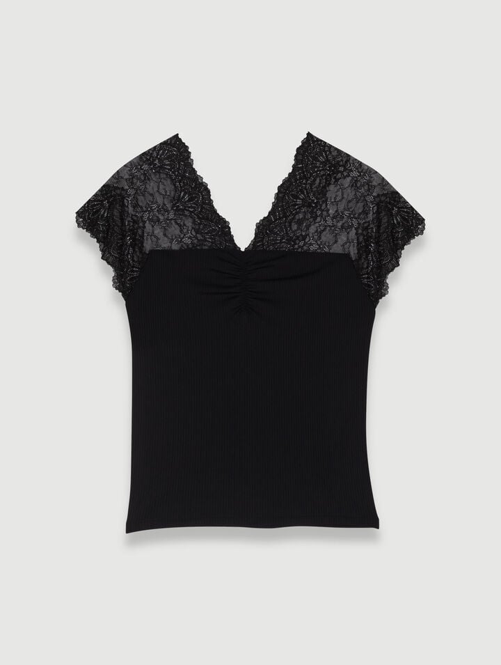 Top in jersey con applicazioni in pizzo