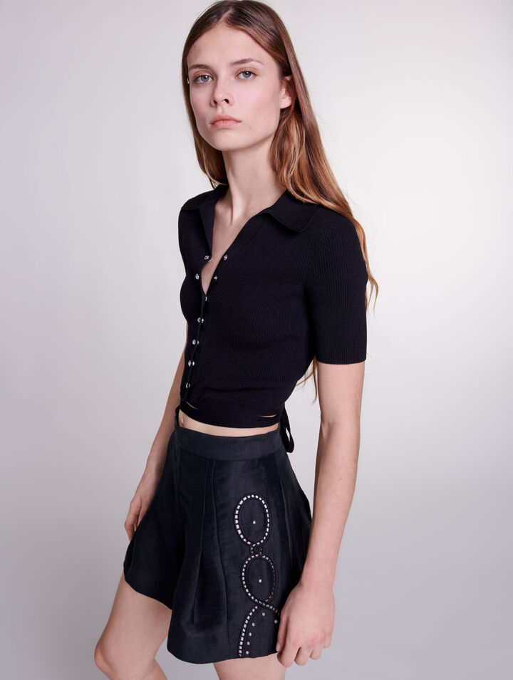 Shorts lino traforato con rivetti