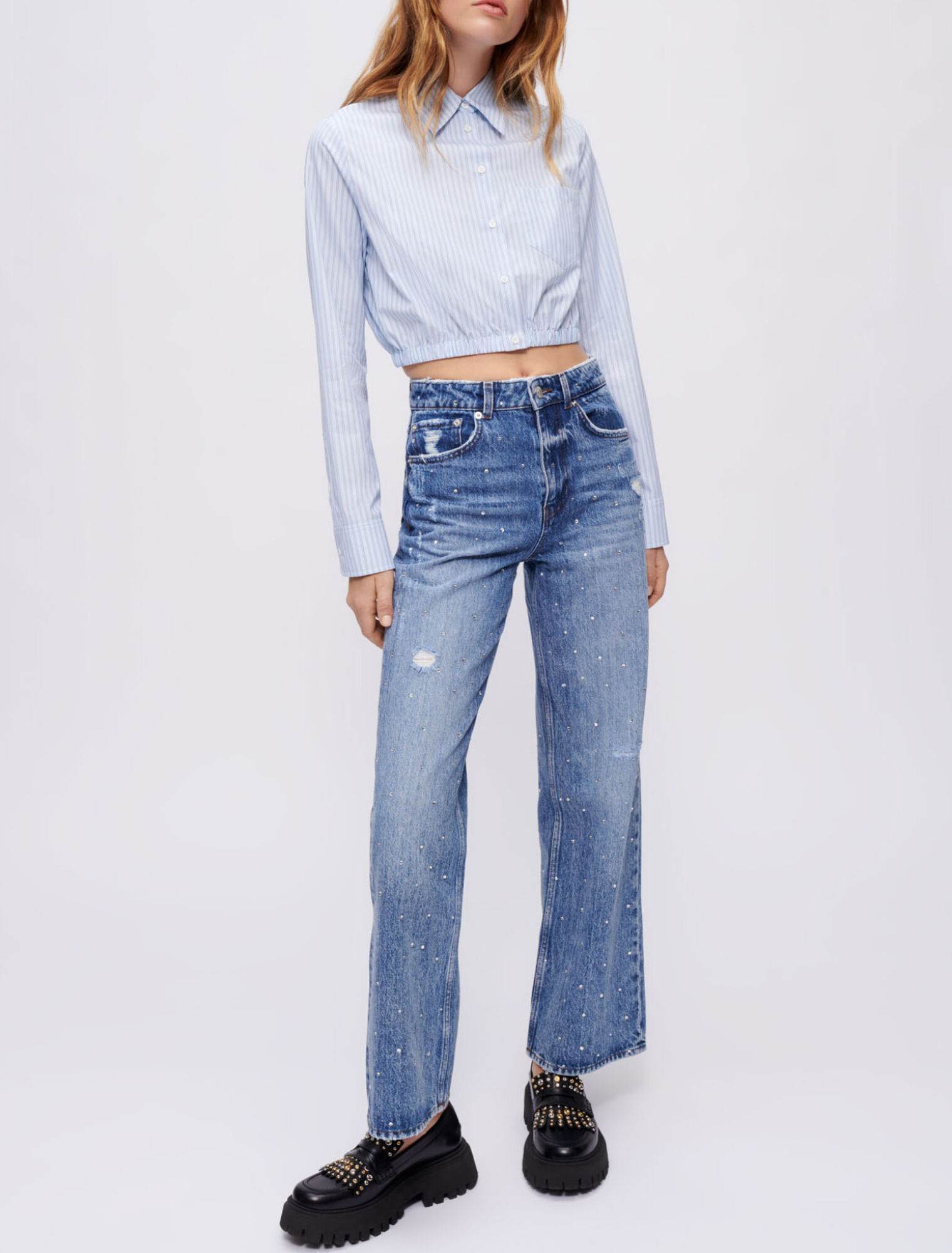 Jeans a vita alta interamente in strass