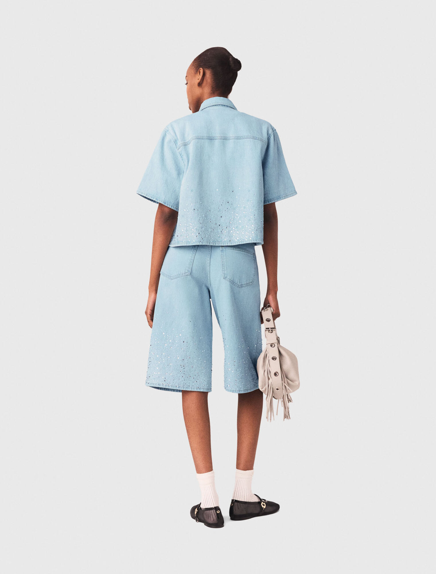Camicia corta in denim con strass