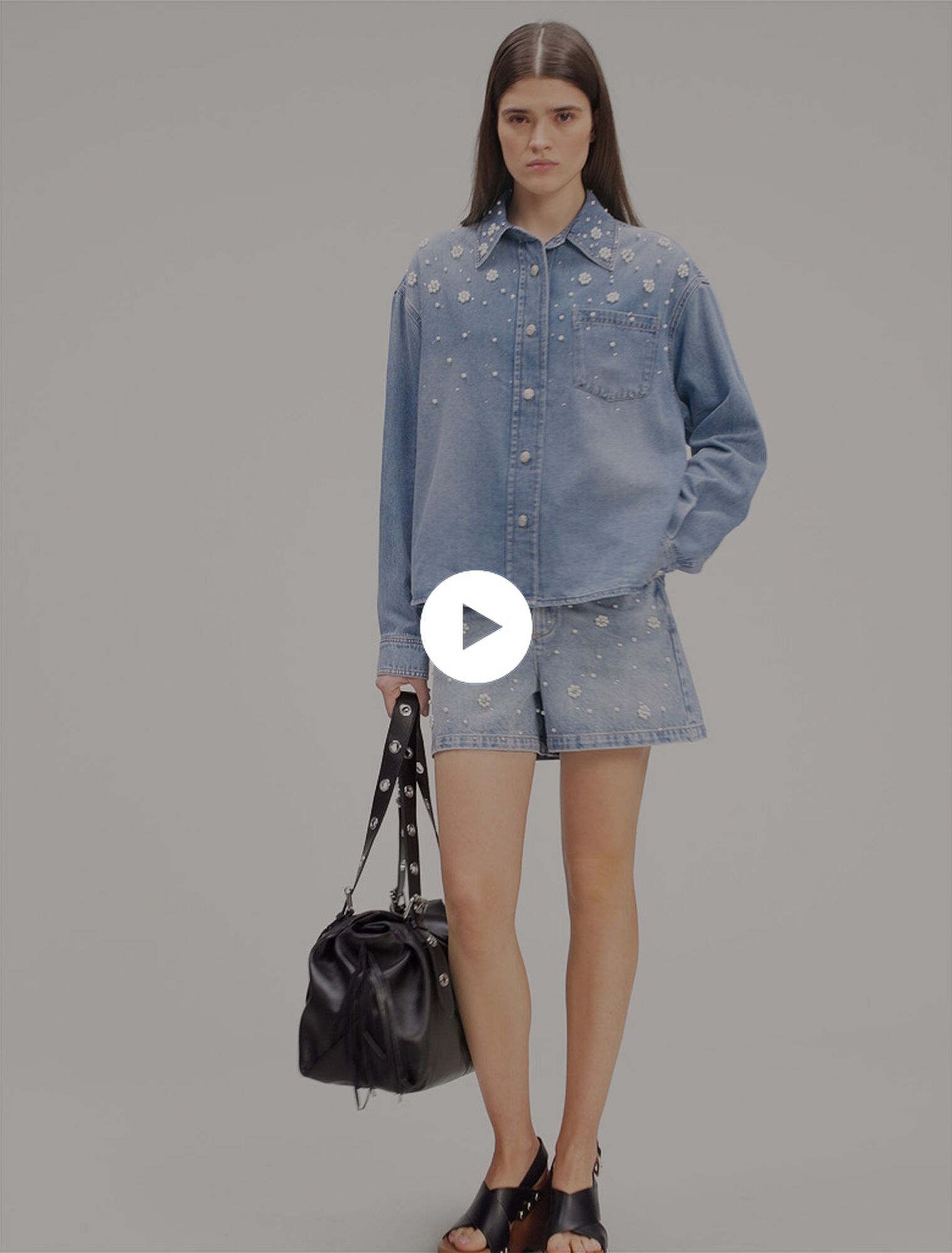 Camicia in denim con perle ricamate