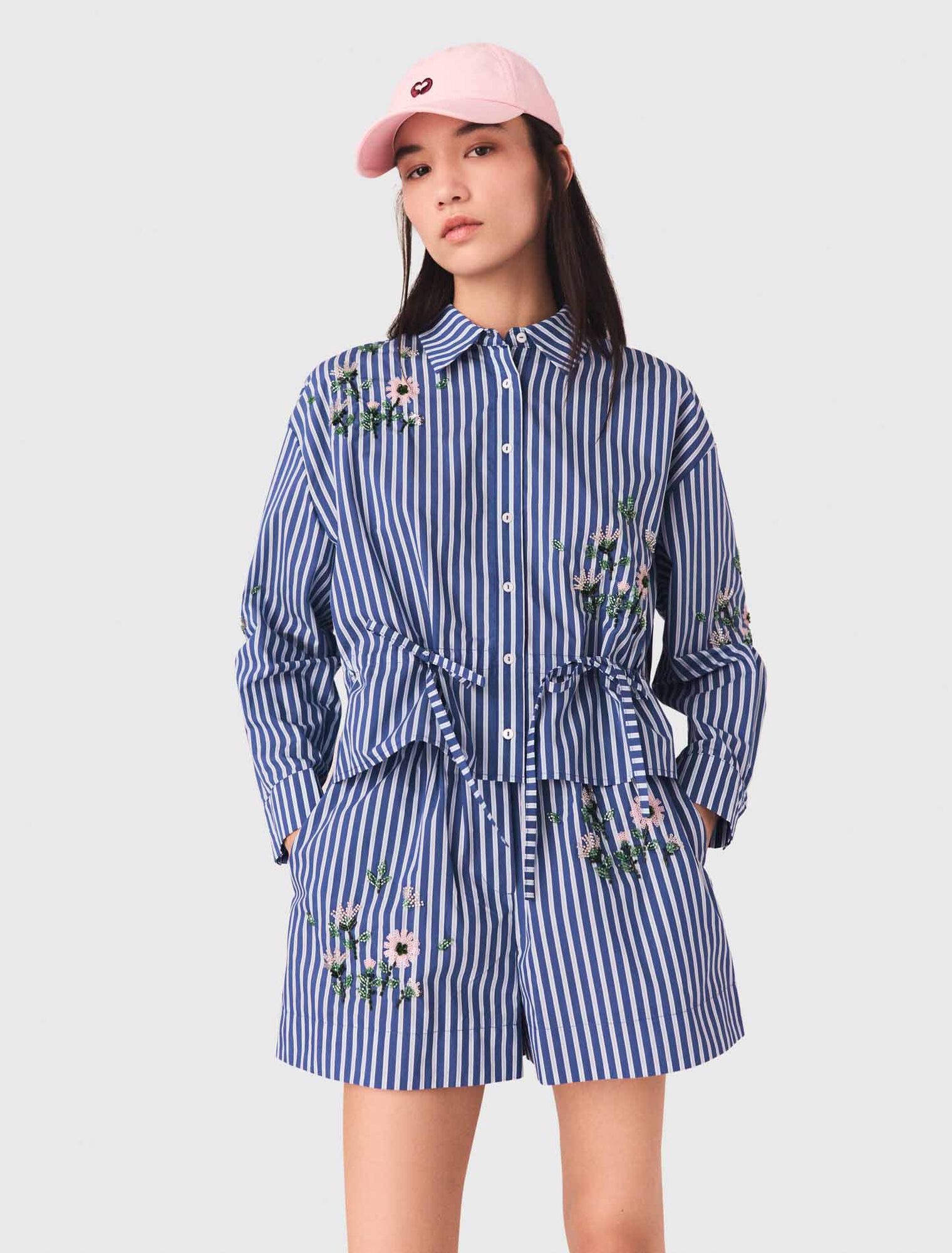 Camicia corta a righe ricamata