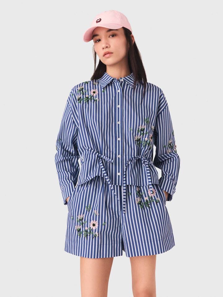 Camicia corta a righe ricamata