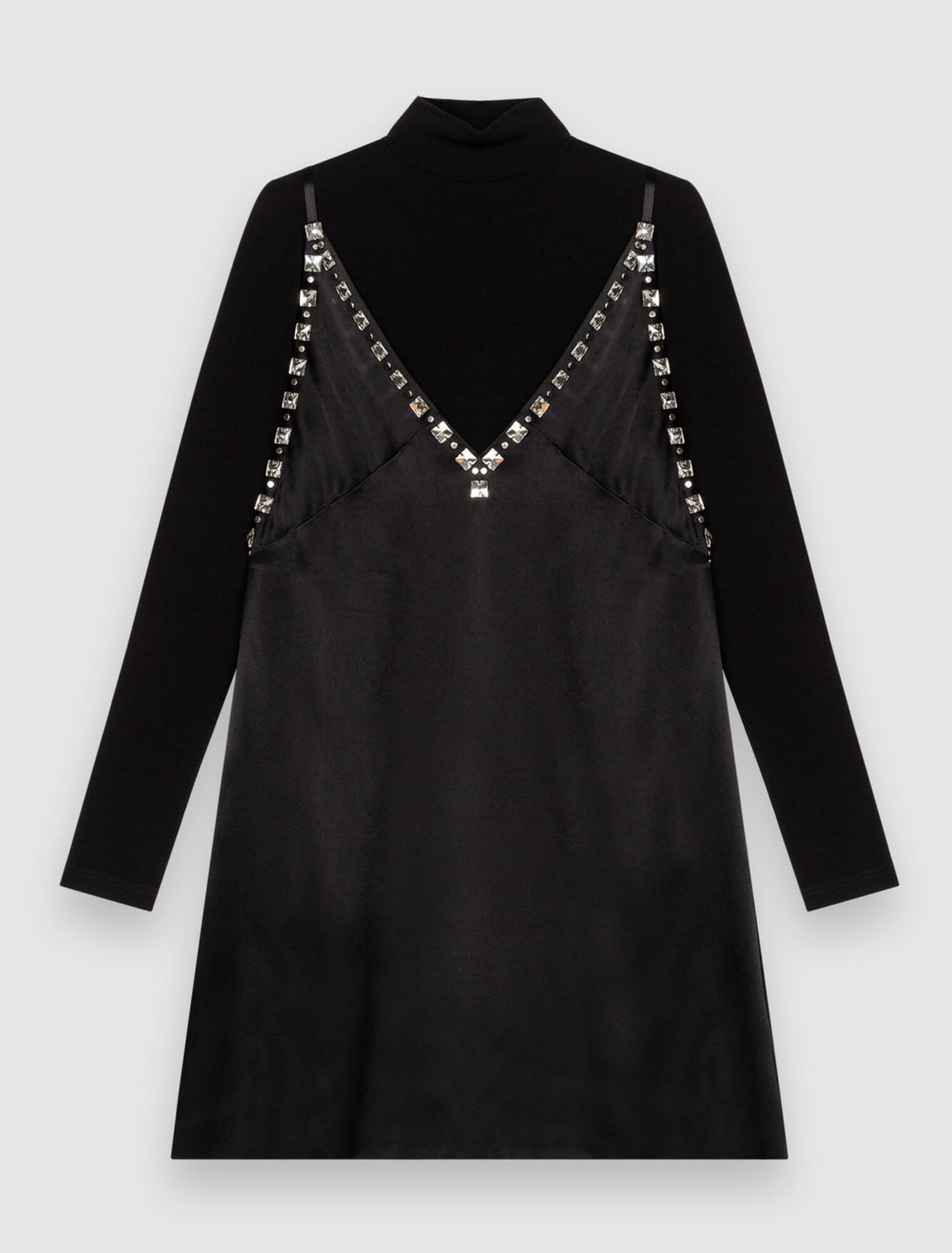 Abito in raso nero con spalline gioiello