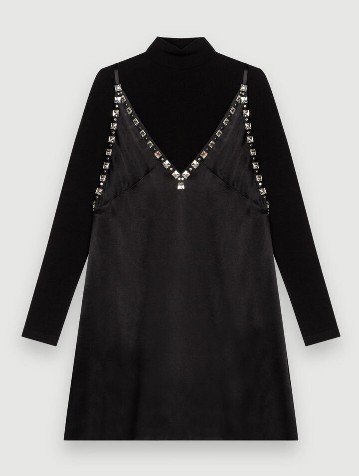 Abito in raso nero con spalline gioiello