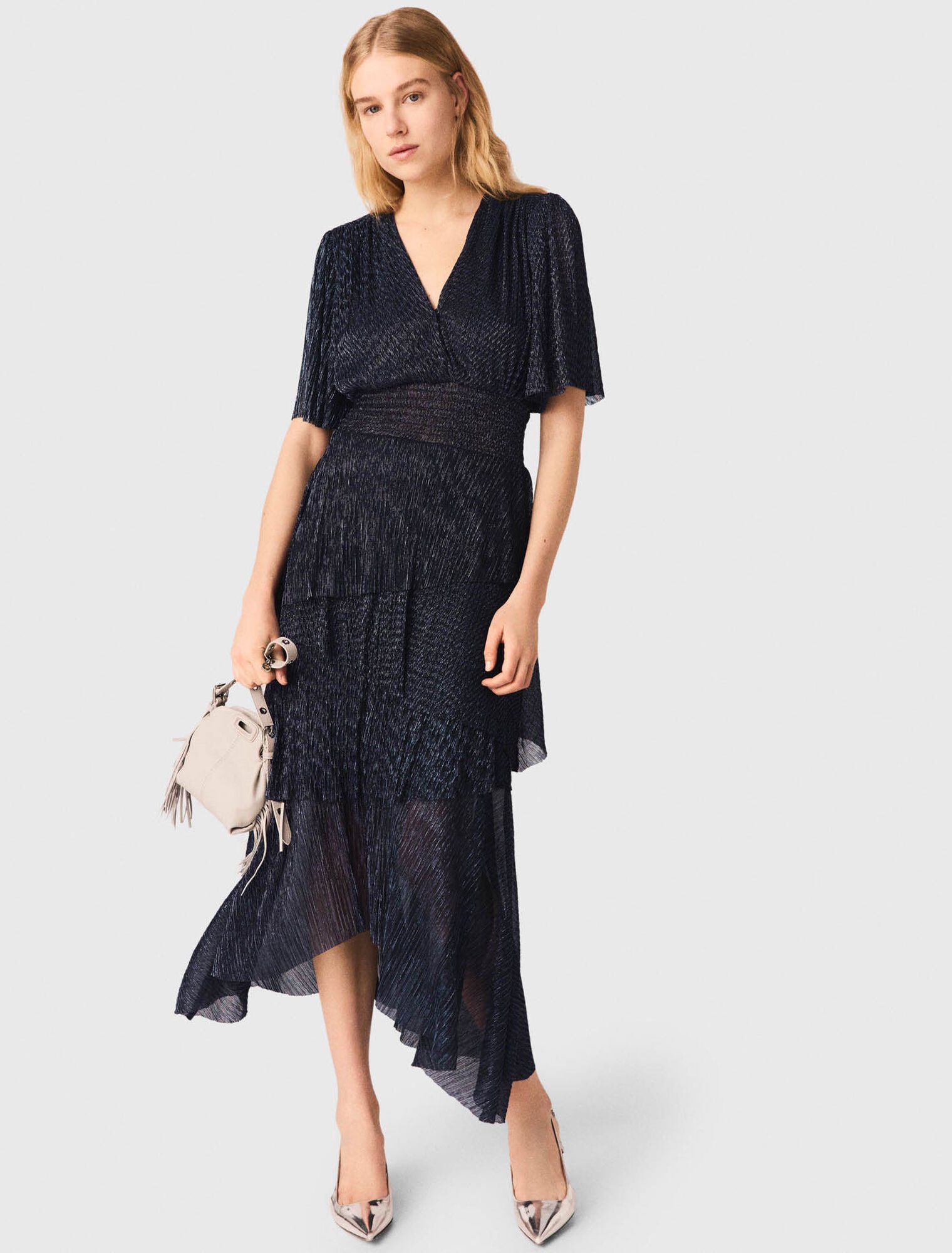 Abito midi metallizzato con balze