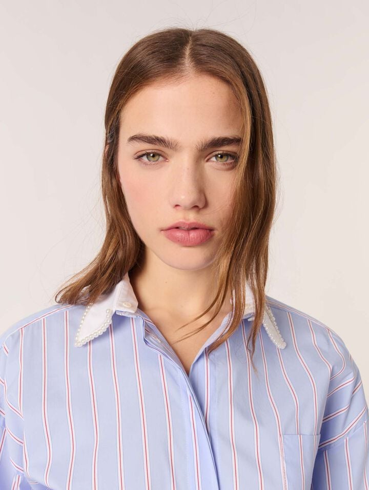 Camicia a righe colletto con perle
