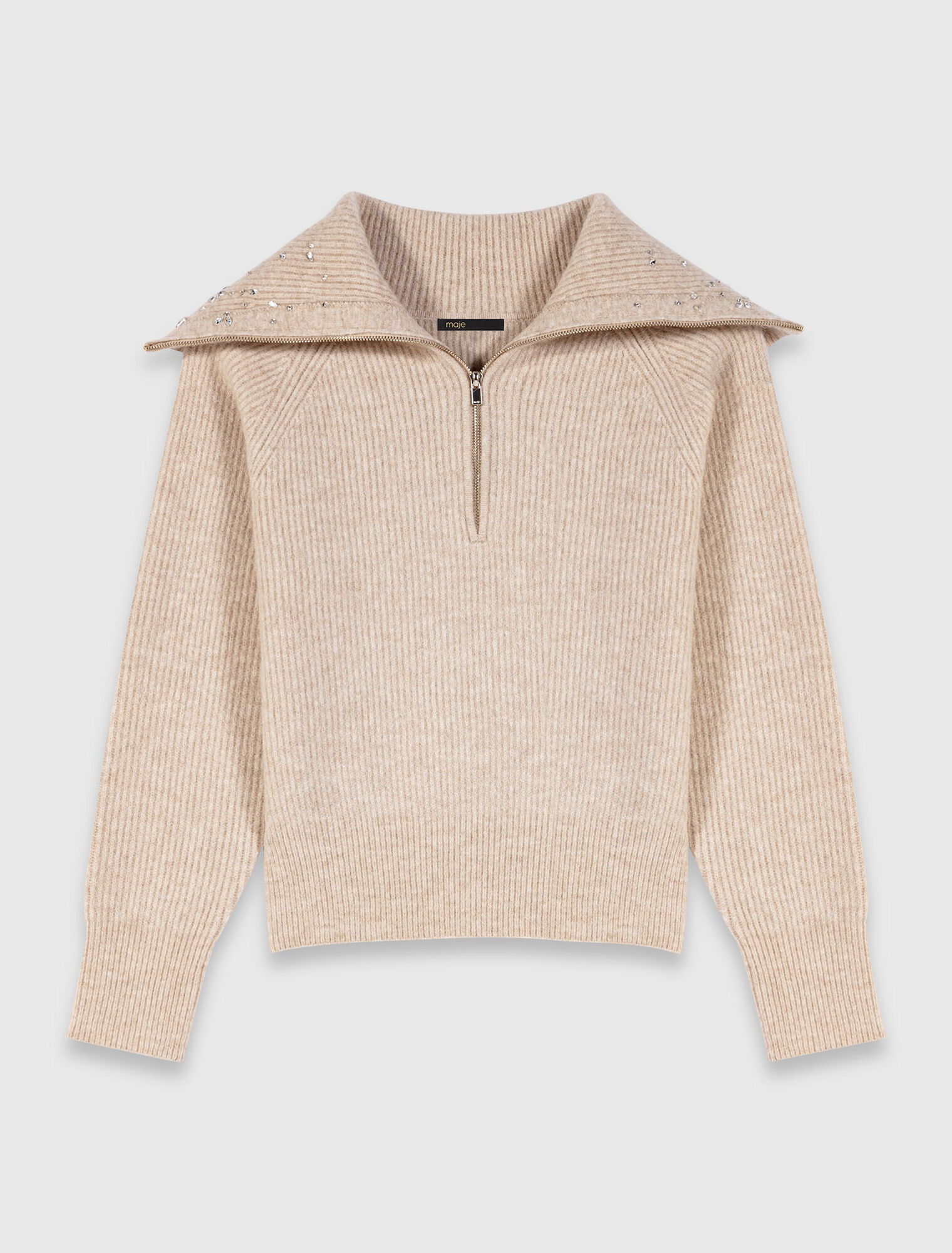 Pullover strassato con collo a mezza zip