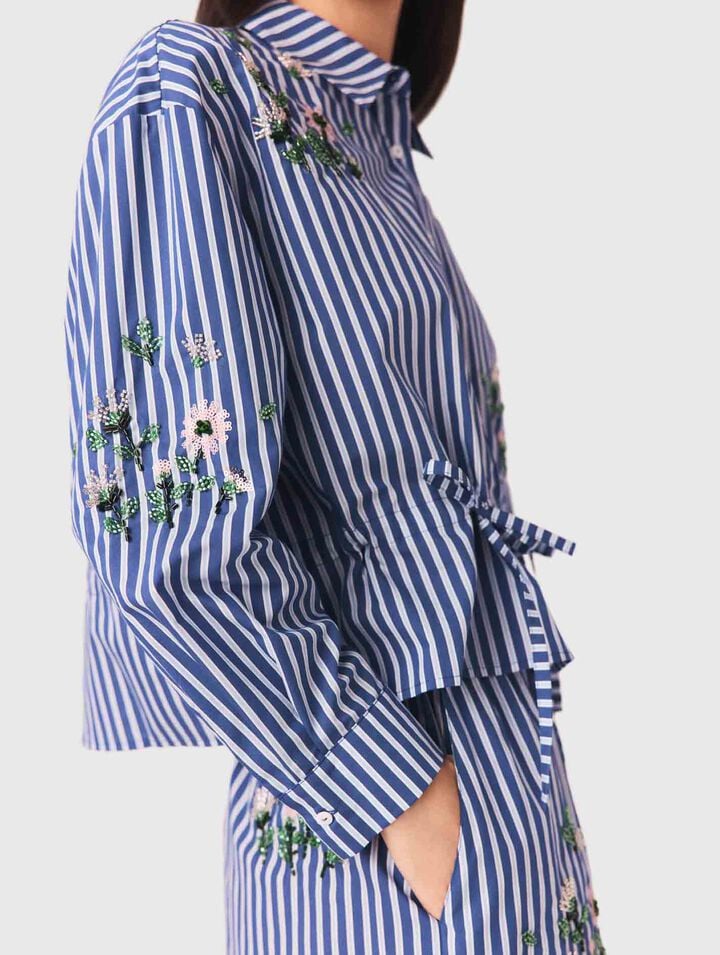 Camicia corta a righe ricamata