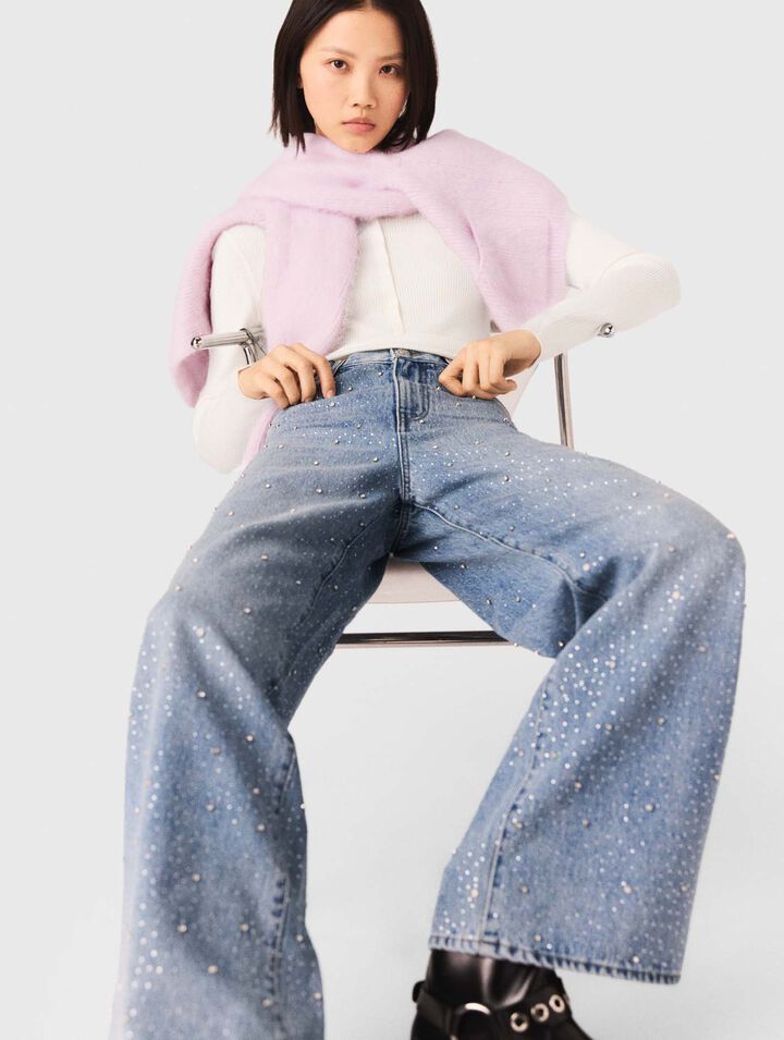 Jeans larghi con strass all-over