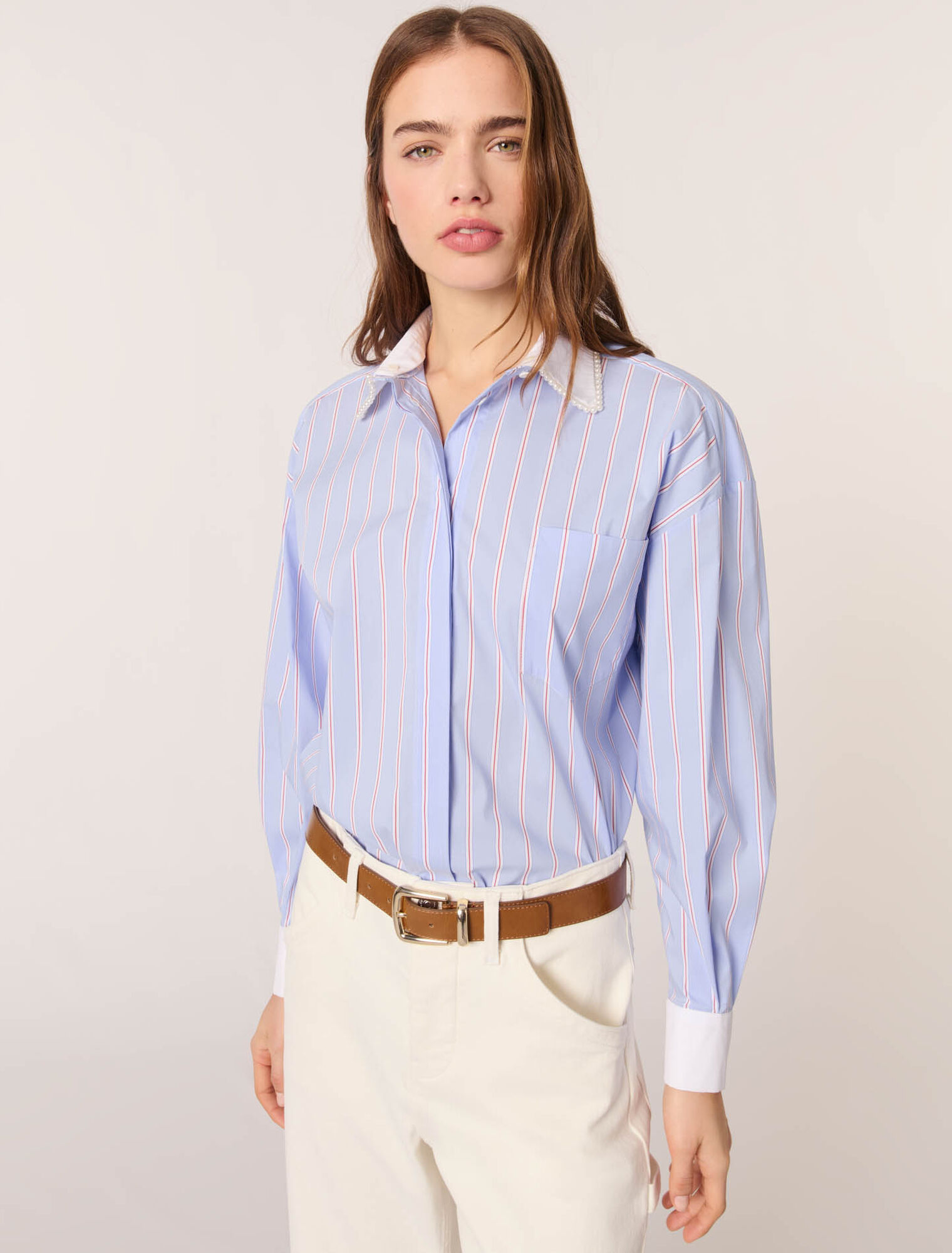 Camicia a righe colletto con perle