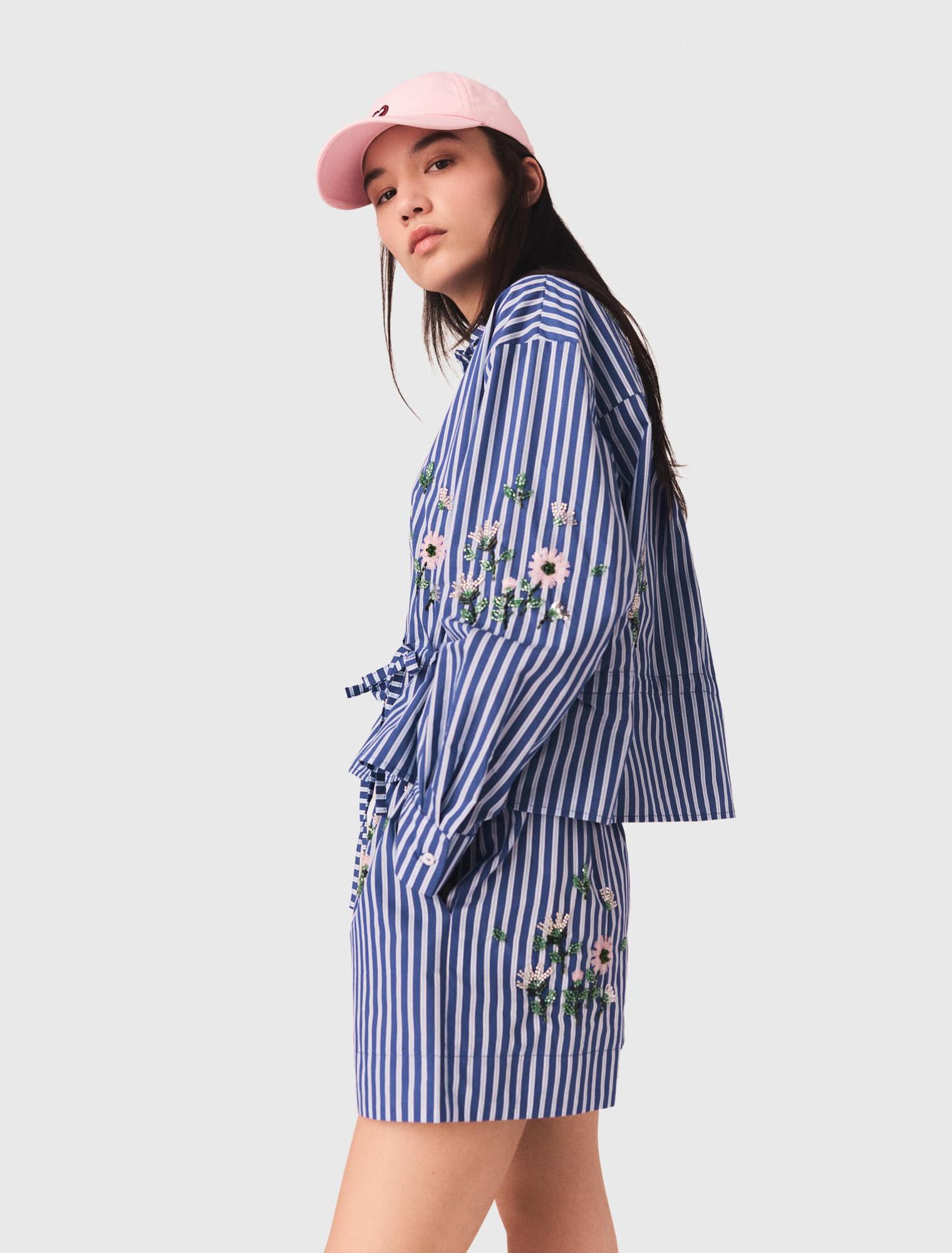 Camicia corta a righe ricamata