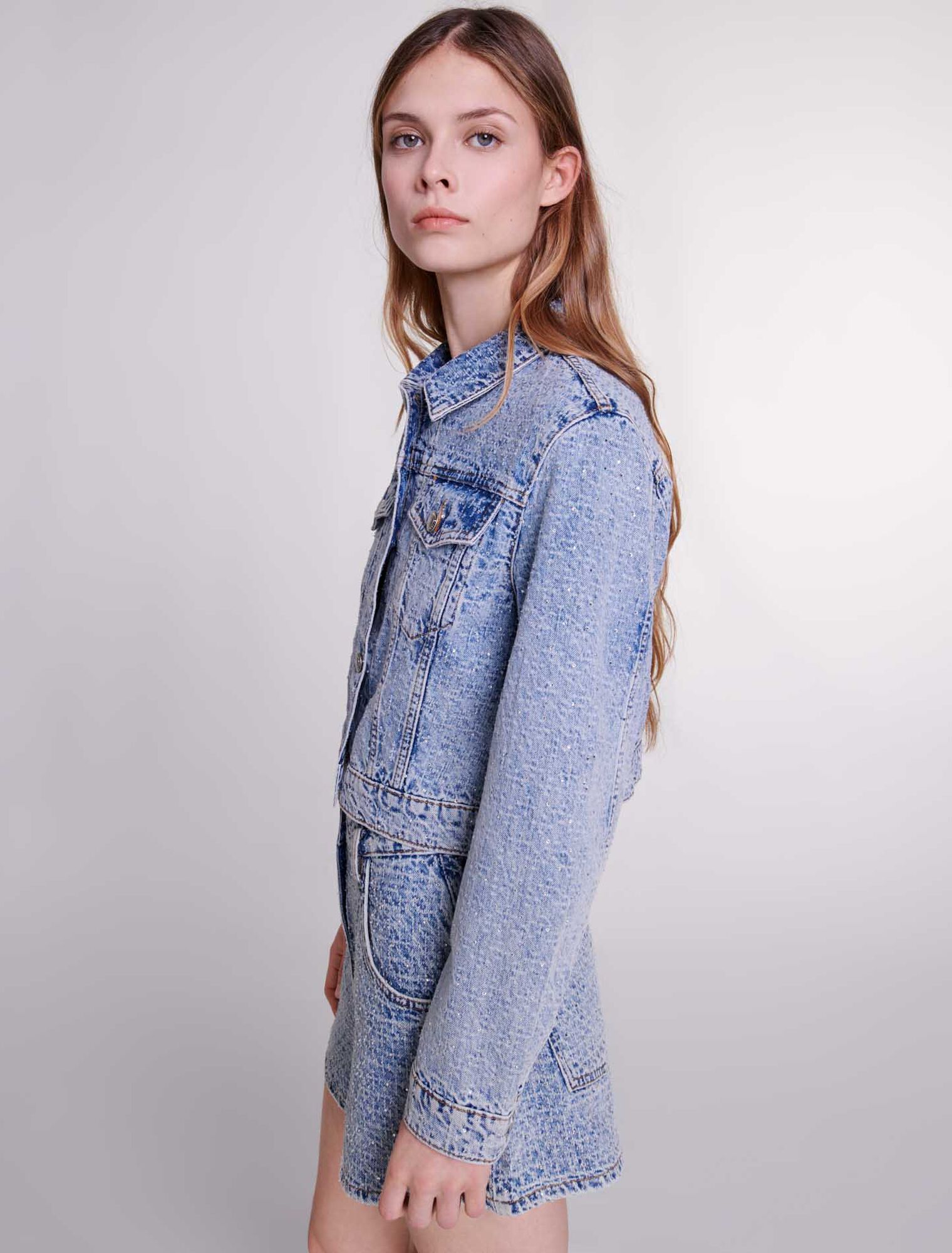 Short in jeans jacquard e strass
